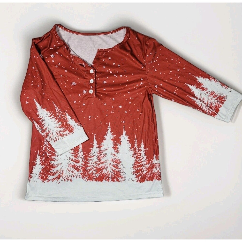 Christmas Holiday Red Blouse White Pine Trees Snowflakes Women's M 3/4 Sleeve